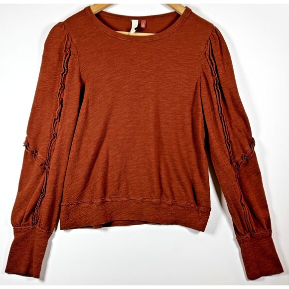 Pilcro Anthropologie Women Medium Rust Brown Slub Knit Puff Sleeve Pullover Top - Picture 1 of 16